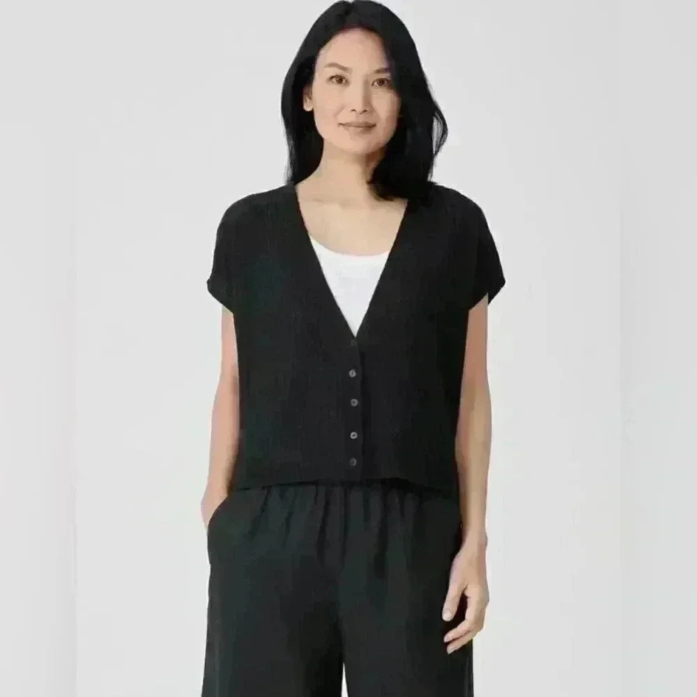 Eileen Fisher Linen Short Sleeve Black Cardigan Womens Size M Button down